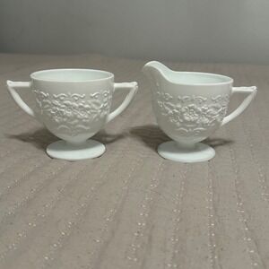 Vintage Milk Glass Creamer and Sugar Bowl Set White Floral Embossed Excellent